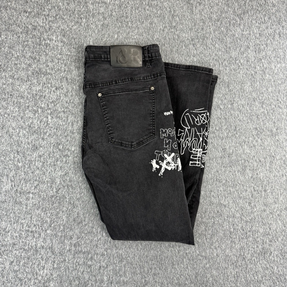 Y&R Black Graphic Jeans‎ Punk Goth Streetwear Denim Size 36